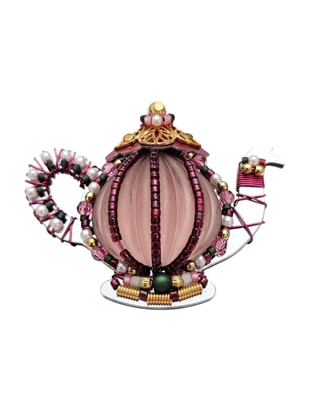 Liztech Vintage Teapot Brooch Pink Ribbed Art Glass Embellished Pin Signed, J577